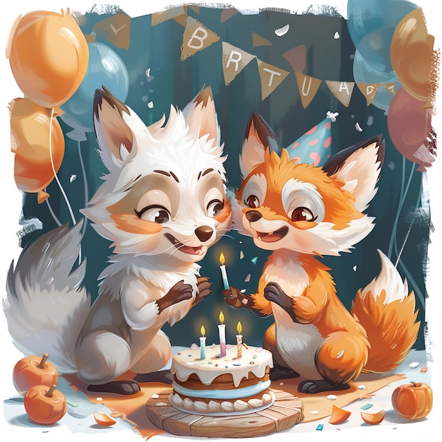 Słodki kartonowy lis i wilk świętują urodziny.