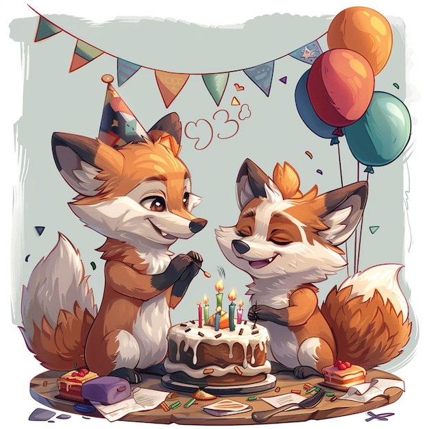 Słodki kartonowy lis i wilk świętują urodziny.