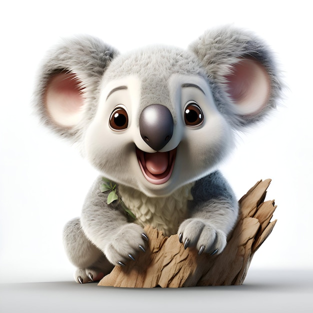 Zdjęcie słodki koala siedzący na drewnie 3d ilustracja