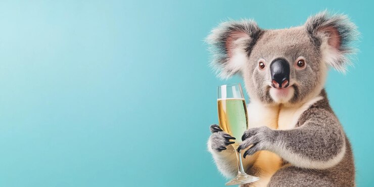 Słodki koala z szklanką szampana na niebieskim tle