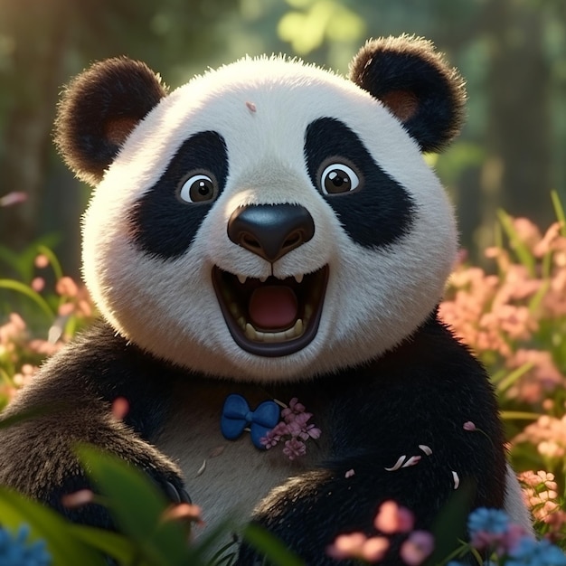 Słodki kolorowy miś panda uśmiechający się do ogrodu kwiatowego obrazy Generative AI