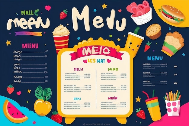 Zdjęcie słodki kolorowy wektorowy szablon menu dla dzieci