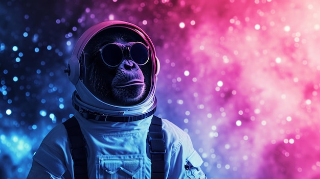 Słodki kosmiczny szympans ubrany w kostium astronauta z Magical Galaxy Star tłem Ai Generative