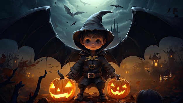 Słodki kostium halloween z małym dzieckiem trzymającym latarnie z przerażającą nocną tapetą