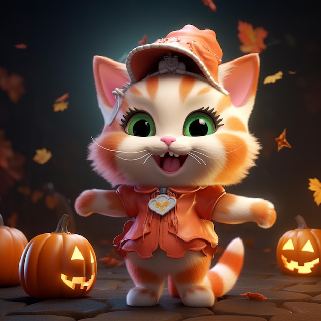 Słodki kot 3d kreskówkowy temat halloween powitanie pozycja femalejpg