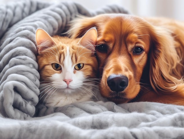 Słodki kot i pies razem w łóżku w domu Koncepcja opieki nad zwierzętami domowymi