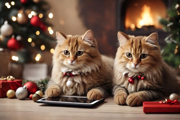 Słodki kot i tablet na drewnianym stole w pokoju ozdobionym na Boże Narodzenie