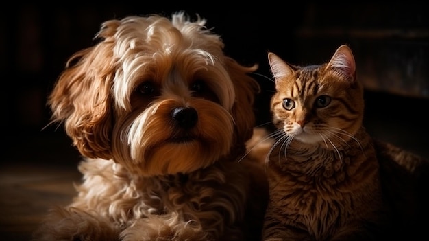 Słodki kot i uroczy pies razem Generatywna sztuczna inteligencja