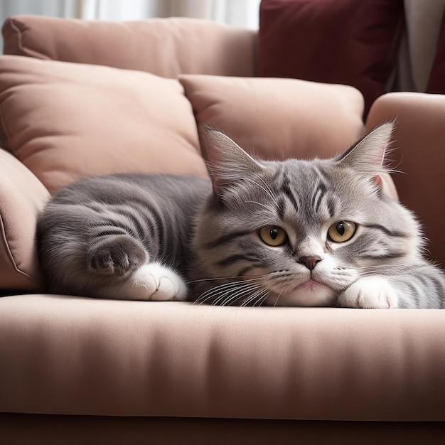 Słodki kot leżący na kanapie.