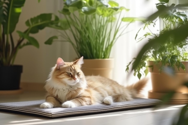 Słodki kot leżący na miękkiej macie w domu, wiele roślin i miękkie światło Generowane przez AI