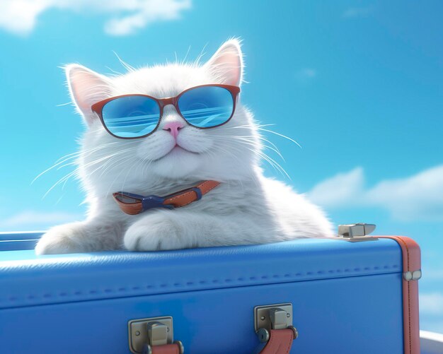 Słodki kot na błękitnej walizce z okularami przeciwsłonecznymi AI Generative