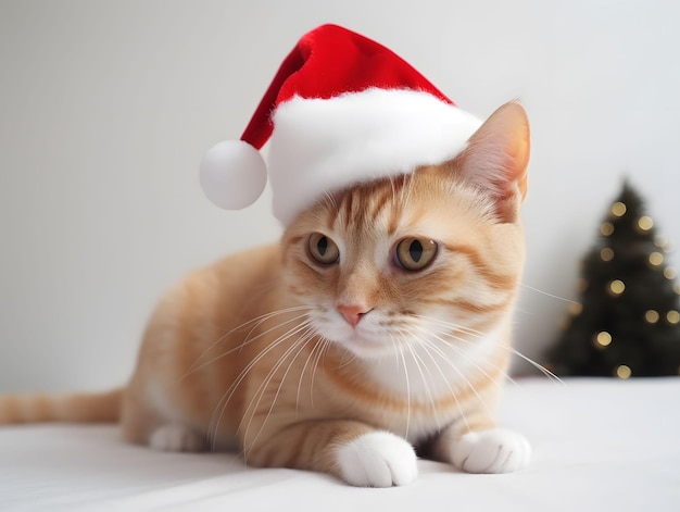 Słodki kot noszący kapelusz Świętego Mikołaja na białym tle z dekoracją choinki stworzony za pomocą technologii Generative AI