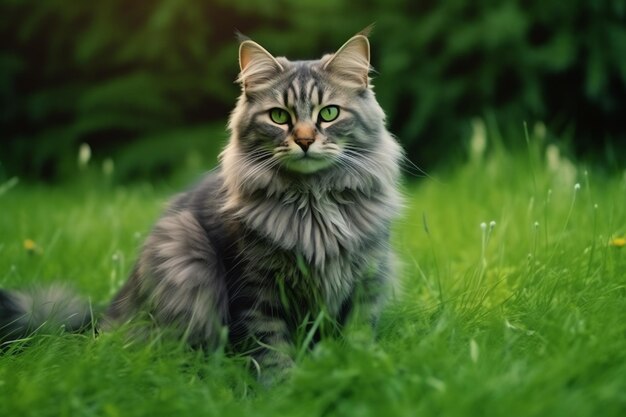 Słodki kot patrzy na bok i siedzi w ogrodzie lub trawie Kot w naturalnym środowisku Koncepcja dnia kota