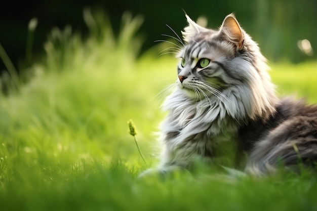 Słodki kot patrzy na bok i siedzi w ogrodzie lub trawie Kot w naturalnym środowisku Koncepcja dnia kota