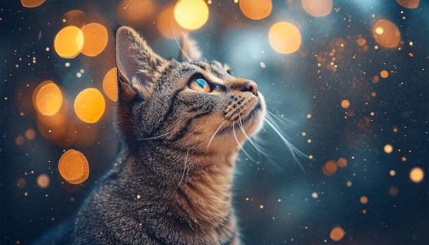 Słodki kot patrzy na gwiezdne, kolorowe niebo Słodkie kociak magiczne błyszcze Gwiezdny blask