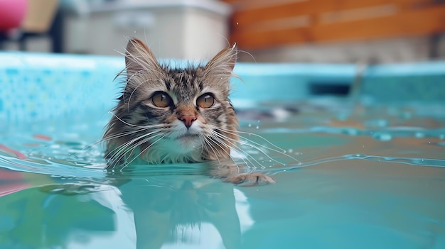 Zdjęcie słodki kot pływa w niebieskim plastikowym basenie, kot patrzy na kamerę swoimi dużymi zielonymi oczami, jego futro jest mokre i splecione z ciałem.