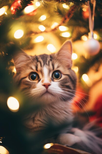 Zdjęcie słodki kot pod choinką z błyszczącymi światłami