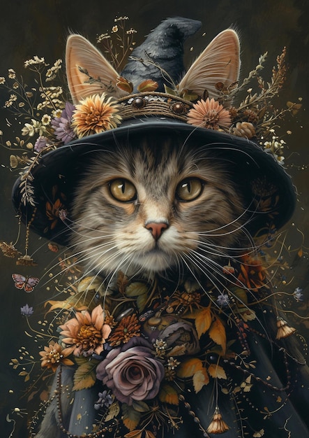 Słodki kot przebrany za czarownika i magika z kapeluszem i wieloma szczegółami