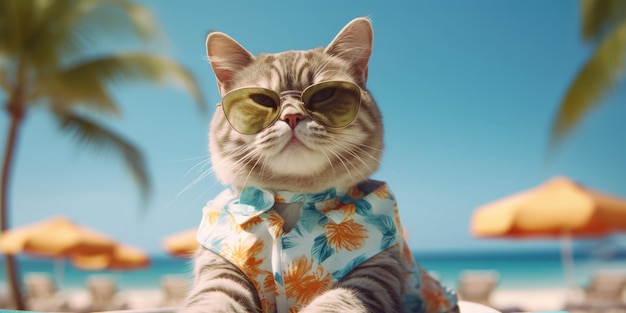 Słodki kot Reaxing na tropikalnej plaży Blue Sky Background Generatywne AI