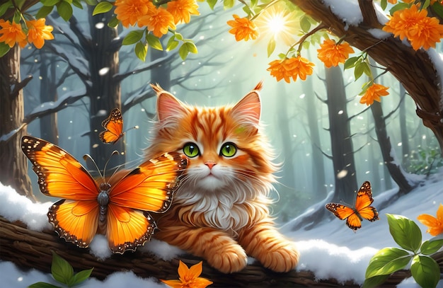 Słodki kot siedzący na gałęzi drzewa z latającymi motylami