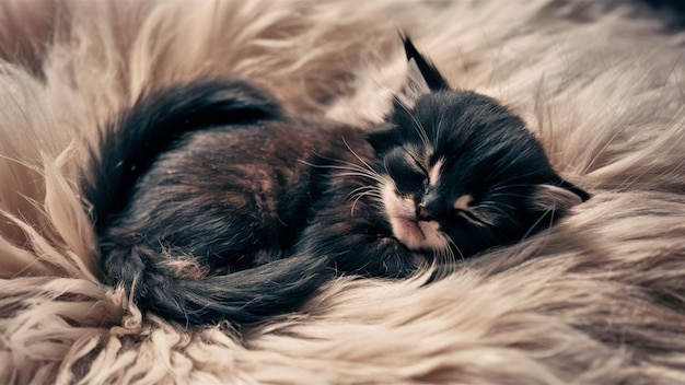 Słodki kot śpi w puszystym koce