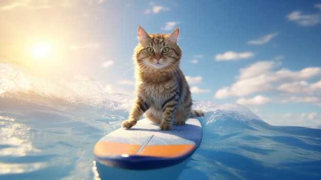 Słodki kot surfujący po falach na desce surfingowej w słoneczny letni dzień