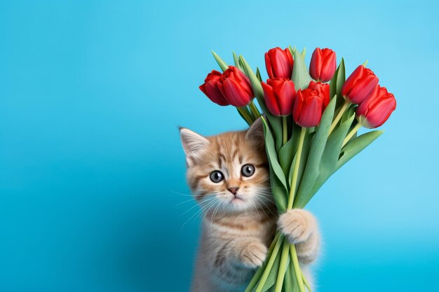 Słodki kot trzyma bukiet czerwonych tulipanów.