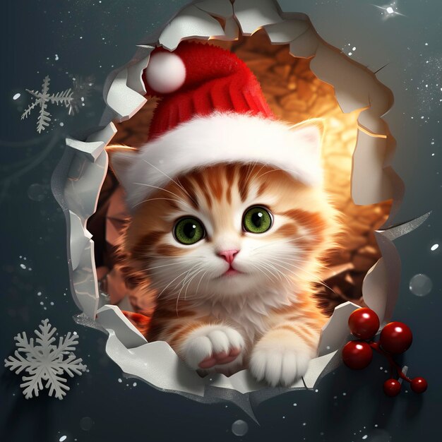 Słodki kot w czerwonym kapeluszu patrzy przez dziurę w papierze świąteczny temat w stylu daz3d świąteczna atmosfera
