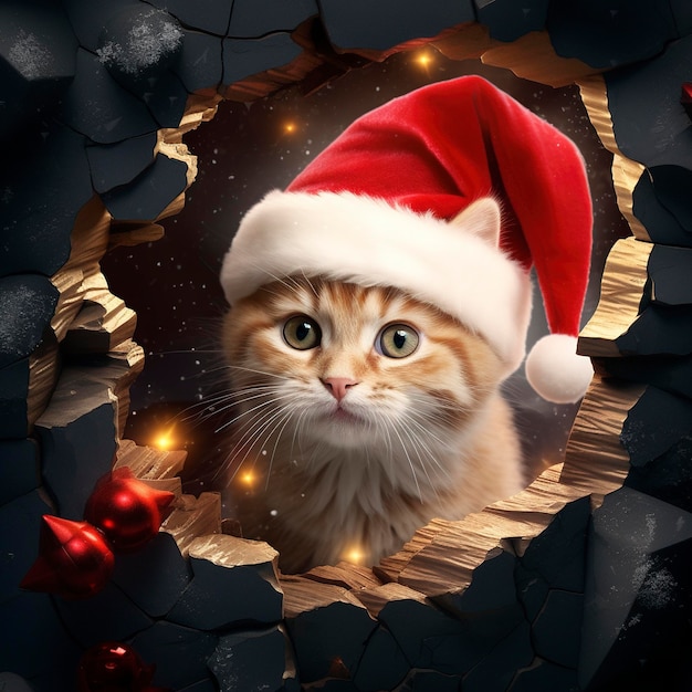 Słodki kot w czerwonym kapeluszu patrzy przez dziurę w papierze świąteczny temat w stylu daz3d świąteczna atmosfera