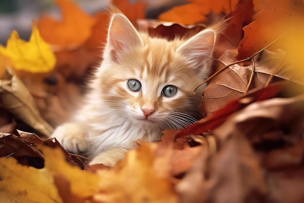 Słodki kot w jesiennym lesie w świetle słonecznym AI