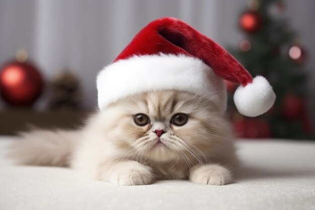 Słodki kot w kapeluszu świętego mikołaja święta Bożego Narodzenia koncepcja Generative AI