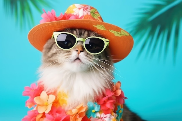 Słodki kot w kapeluszu z okularami przeciwsłonecznymi i hawajską sukienką szczęśliwie pozuje