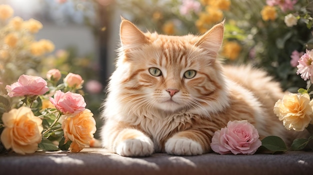 Słodki kot w kolorze pomarańczowo-brązowym, zabawny z pięknymi kwiatami, świecącymi 5