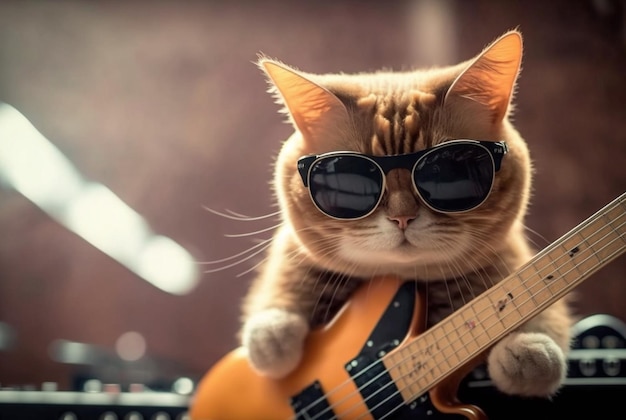 Słodki kot w okularach grający na gitarze generatywnej ai