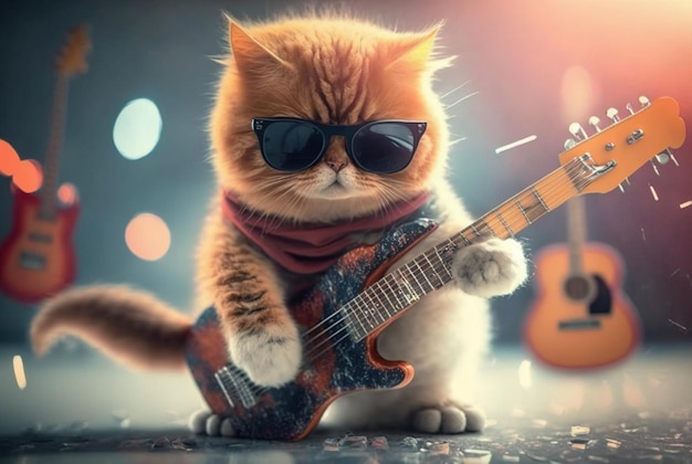 Słodki kot w okularach grający na gitarze generatywnej ai