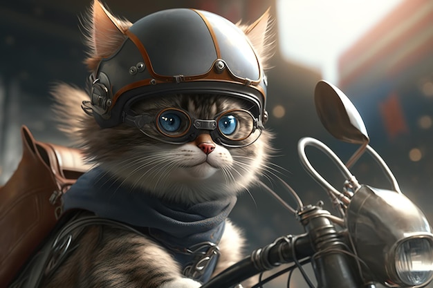 Słodki kot w okularach i kasku jadący motocyklem z dużą prędkością zabawny rowerzysta zwierzęcy Kreatywna ilustracja zwierząt stworzona przez Generative AI