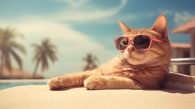 Słodki kot w okularach na plaży.