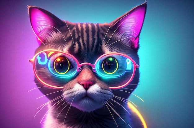 Słodki kot w okularach Portret inteligentnego kotka w jasnych kolorach Generacyjna sztuczna inteligencja