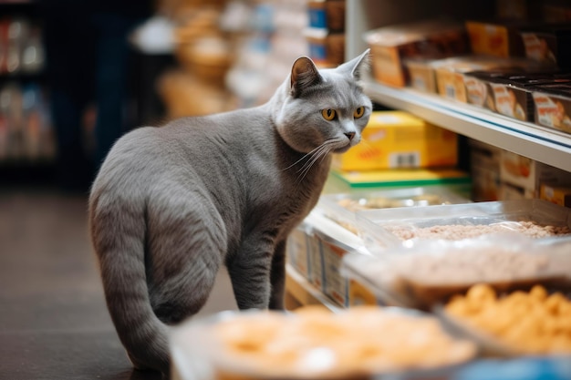 Słodki kot w sklepie z zwierzętami szuka i wybiera własne jedzenie generatywne ai