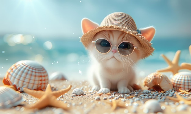 Słodki kot z kreskówki noszący okulary przeciwsłoneczne i kapelusz słoneczny chłodzi się na piaszczystej plaży ciesząc się