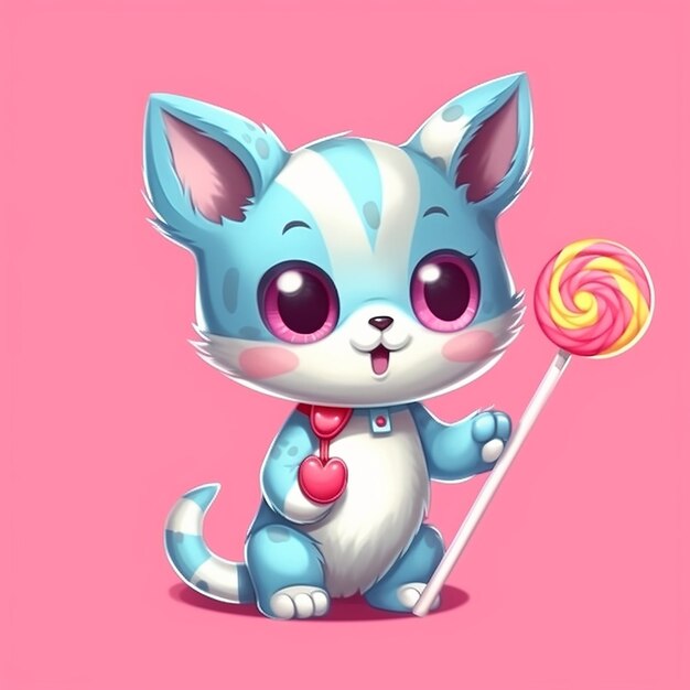 Zdjęcie słodki kot z kreskówki trzymający lizak z cukierkami ai generatywny