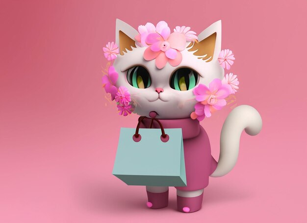 Słodki kot z kwiatowymi włosami trzymający w ręku torbę na zakupy