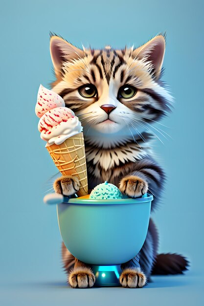 Słodki kot z lodami na niebieskim tle wygenerowany przez ai