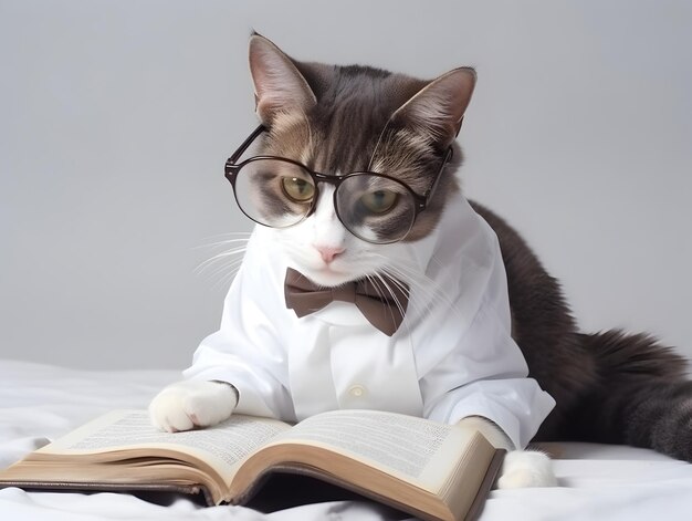 Słodki kot z okularami i otwartą książką wygenerowaną przez sztuczną inteligencję