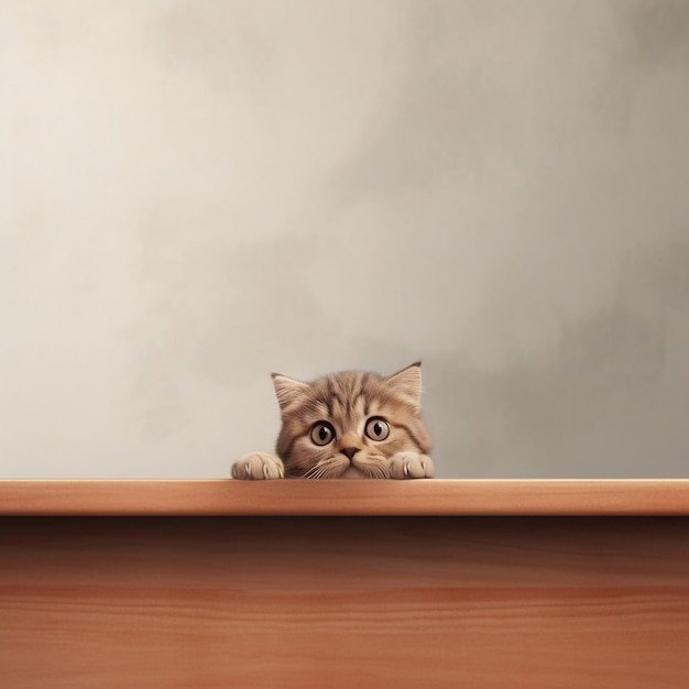 Słodki kot zerkający na stół z dużą pustą przestrzenią generującą sztuczną inteligencję