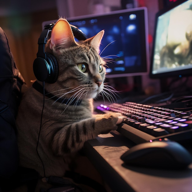 Zdjęcie słodki kotek cieszy się sesją gier na komputerze