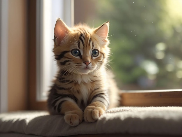 Słodki kotek domowy siedzi przy oknie i patrzy na zewnątrz generatywnej sztucznej inteligencji