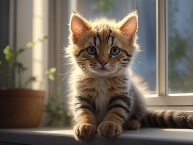 Słodki kotek domowy siedzi przy oknie i patrzy na zewnątrz generatywnej sztucznej inteligencji