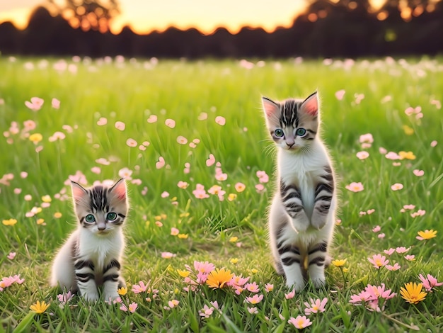 Słodki kotek na polu kwiatów nad niewyraźnym zachodem słońca AI generowane