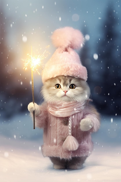 Słodki kotek noszący różowy płaszcz i kapelusz z błyszczącymi na śnieżnym zimowym tle